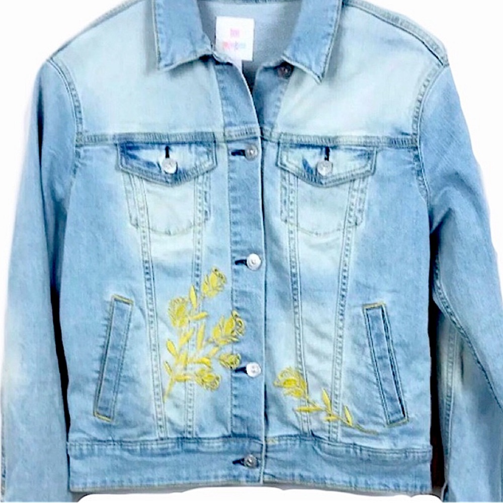 LuLaRoe Jaxon Gold Floral Embroidered Denim Jean Jacket Coat Size XXL